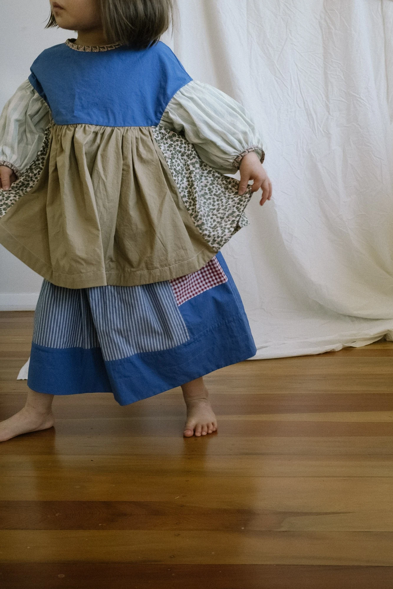 Patchwork Gathered Skirt in Blue